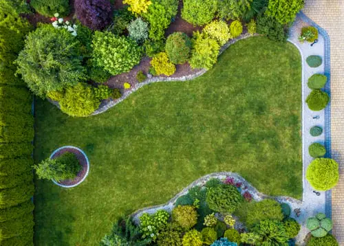 Finished landscape with shaped beds, lawn, and stone edging